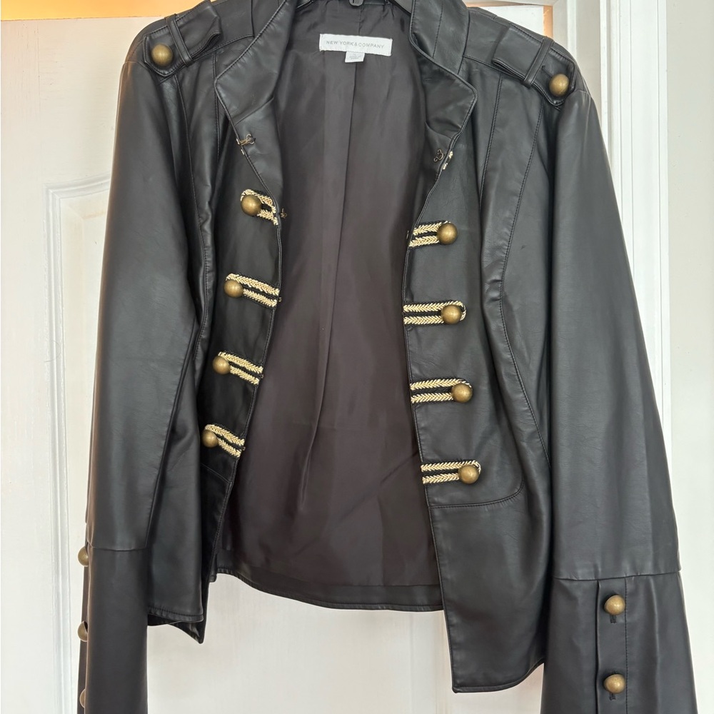 New York & Company Black Leather Jacket with Gold Accents